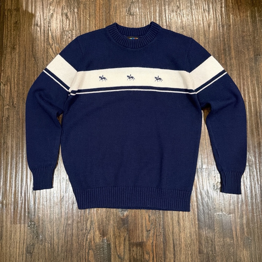 Men's Navy Crewneck Sweater with Ivory Chest Band